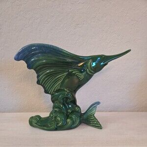Vintage Royal Haeger Sailfish Swordfish Planter Vase Blue Green Glaze 1941